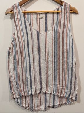 Garnet Hill Striped V-Neck Casual Summer Layer Linen Minimalist Tank Top Size 12